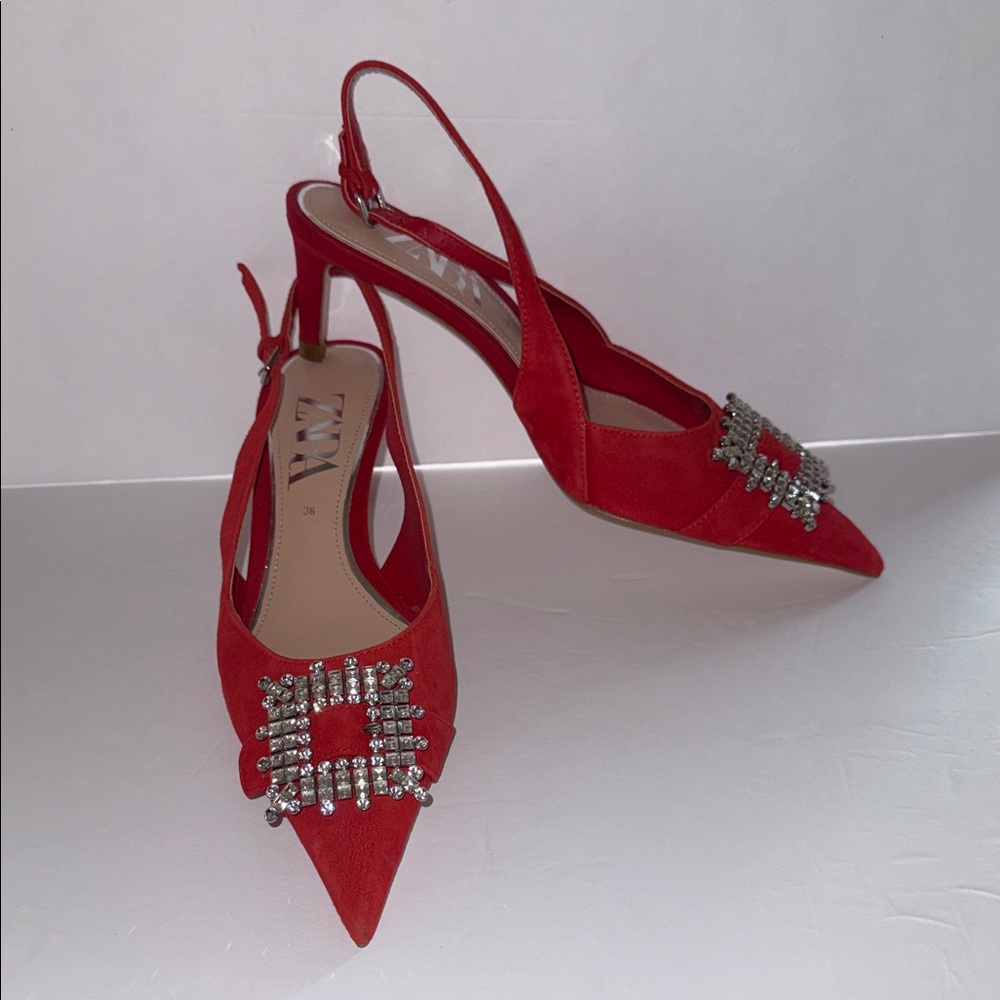 Zara Red Suede Rhinestone Brooch Pointy Toe Mid-heel Slingback Heels EU Sz 36